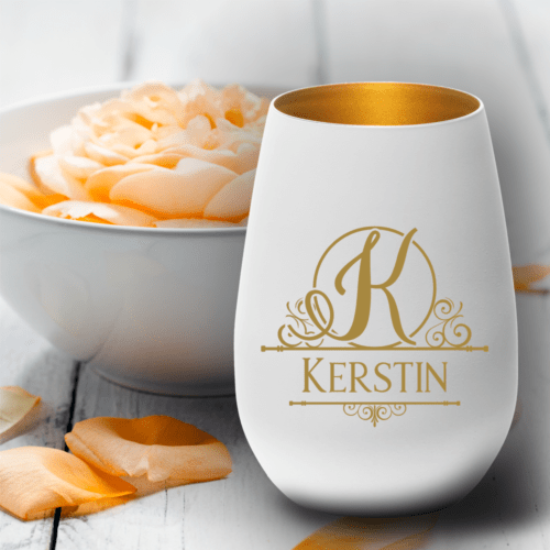 personalisiertes Windlicht mit Gravur Monogramm weiss-gold