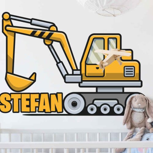 Wandaufkleber Zeichnung Gelber cartoon-bagger mit Namen
