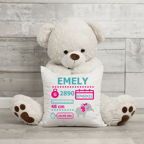 Kissen mit Geburtsdaten und Wunschnamen Elefant Mädchen