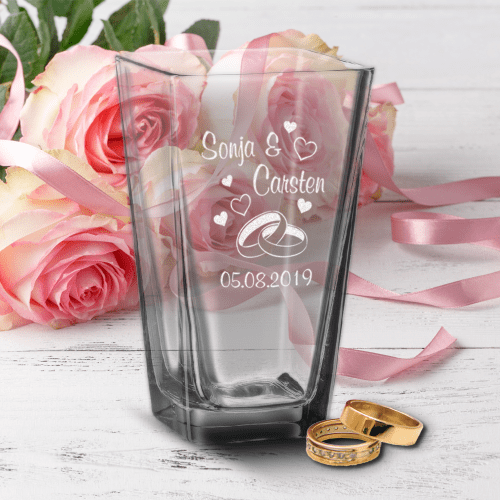 personalisierte Vase zur Hochzeit mit Wunschnamen und Datum - Ringe