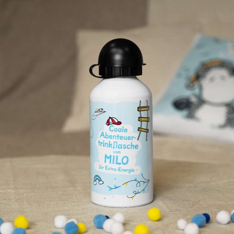 Alu-Trinkflasche für Jungs »Coole Abenteuertrinkflasche von ...« mit Wunschnamen, weiß, personalisiert