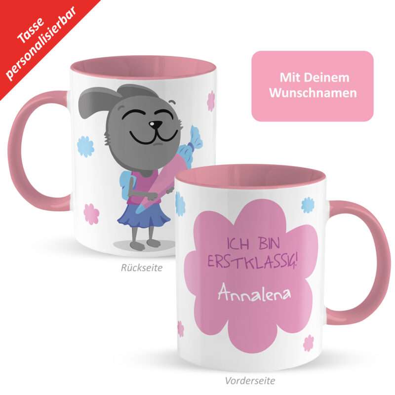 Tasse zum Schulanfang »Ich bin erstklassig! ...« mit Wunschnamen, rosa, personalisiert