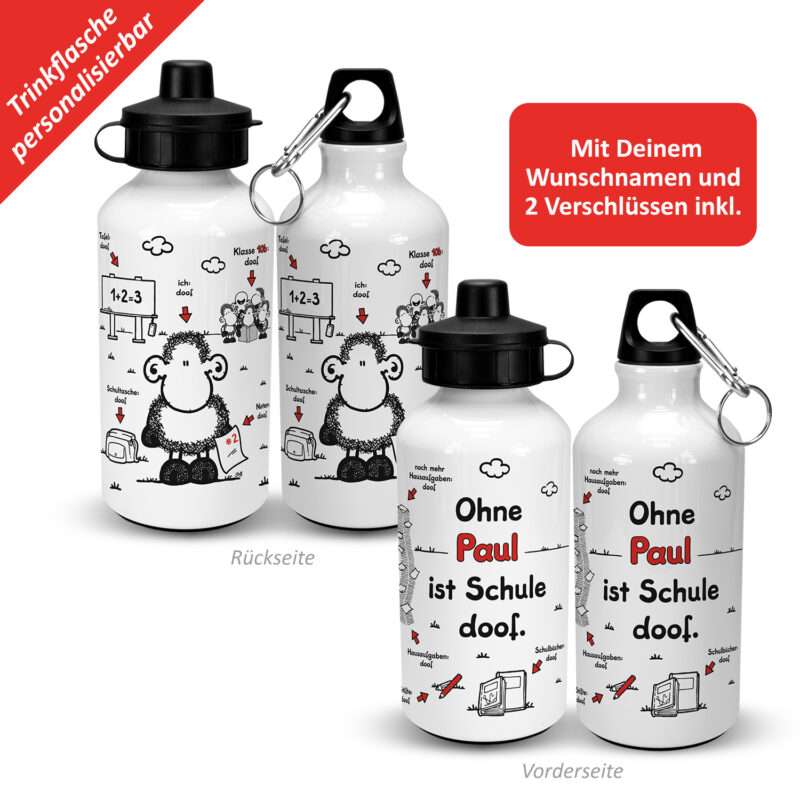Alu-Trinkflasche zum Schulanfang »Ohne ... ist Schule doof.« mit Wunschnamen und Klasse, weiß, personalisiert
