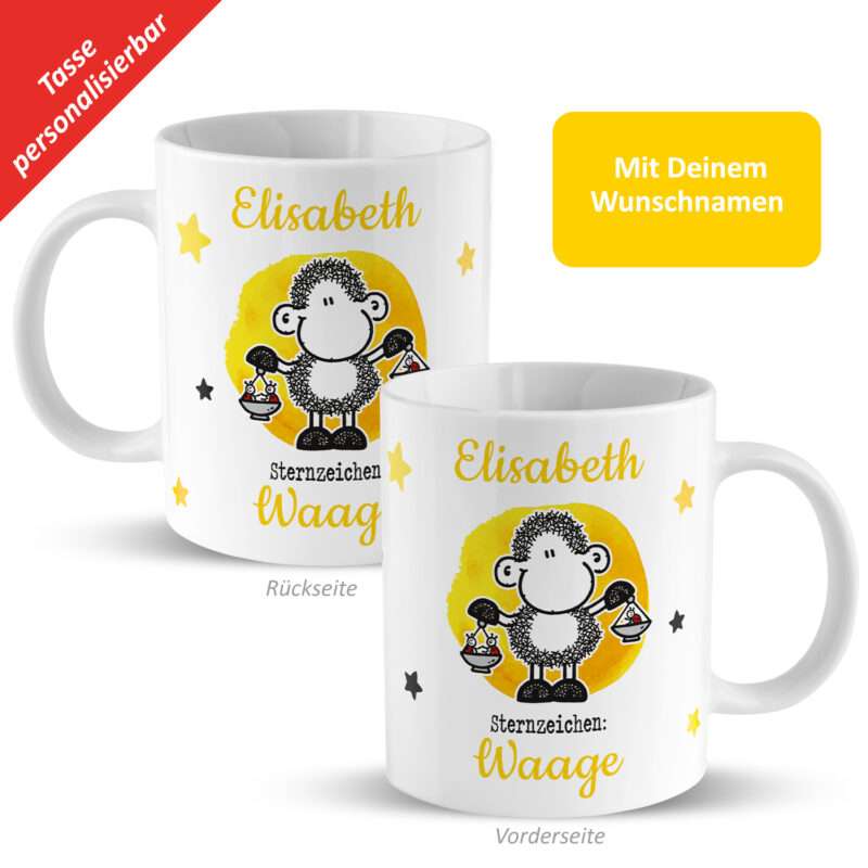 Tasse mit Sternzeichen »Waage«, mit Namen, weiß, personalisiert