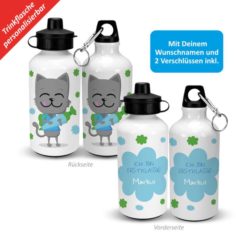 Alu-Trinkflasche zum Schulanfang »Ich bin erstklassig! ...« mit Wunschnamen, weiß, personalisiert