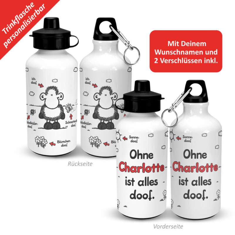 Alu-Trinkflasche »Ohne ... ist alles doof.« mit Wunschnamen, weiß, personalisiert