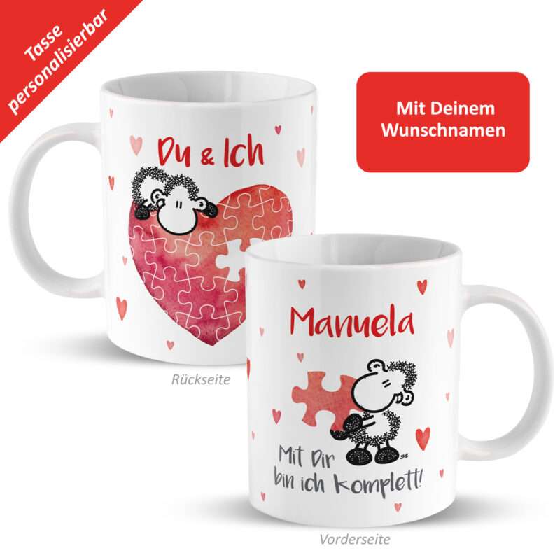 Tasse für Verliebte »Mit Dir bin ich komplett!« mit Wunschnamen, weiß, personalisiert