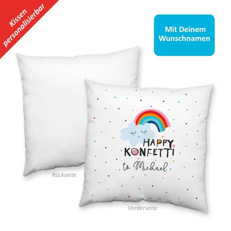 Kissen Motiv »Happy Konfetti to …!« mit Wunschnamen, weiß, personalisiert