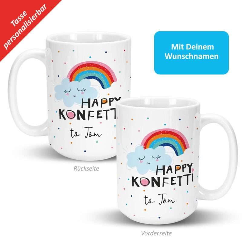 XL-Tasse Motiv »Happy Konfetti to …!« mit Wunschnamen, weiß, personalisiert