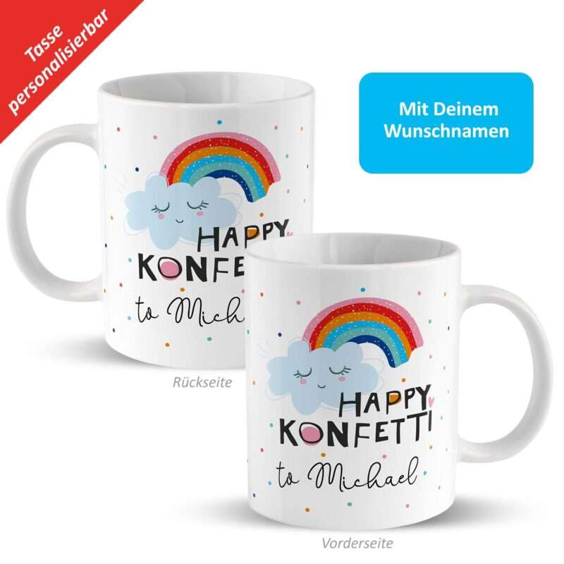 Tasse Motiv »Happy Konfetti to …!« mit Wunschnamen, personalisiert