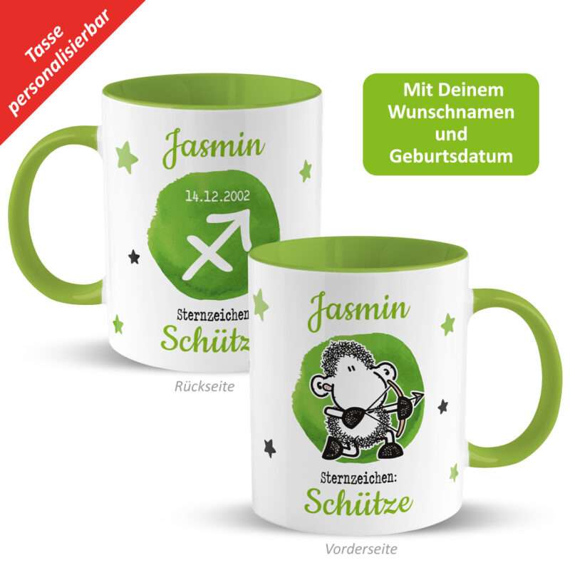 Tasse mit Sternzeichen »Schütze«, mit Namen und Geburtsdatum, grün, personalisiert