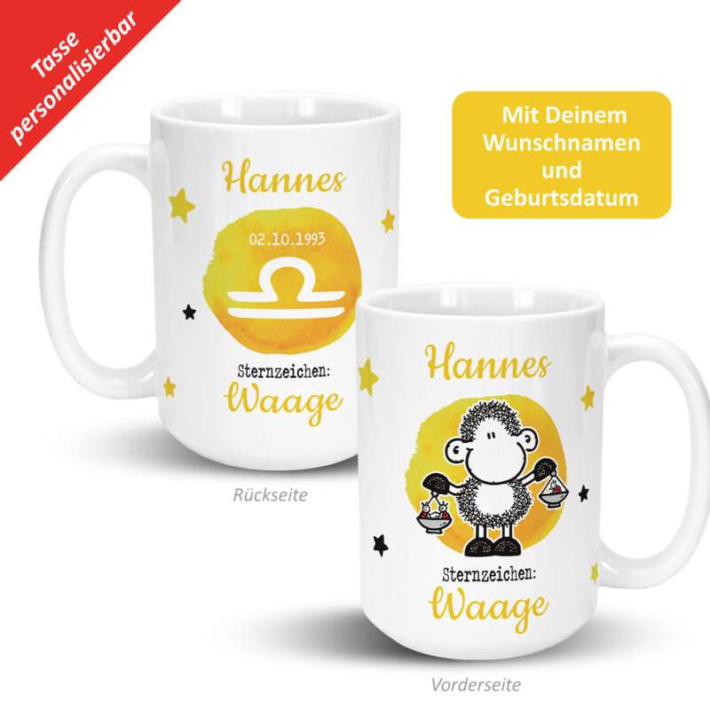 XL-Tasse mit Sternzeichen »Waage«, mit Namen und Geburtsdatum, weiß, personalisiert