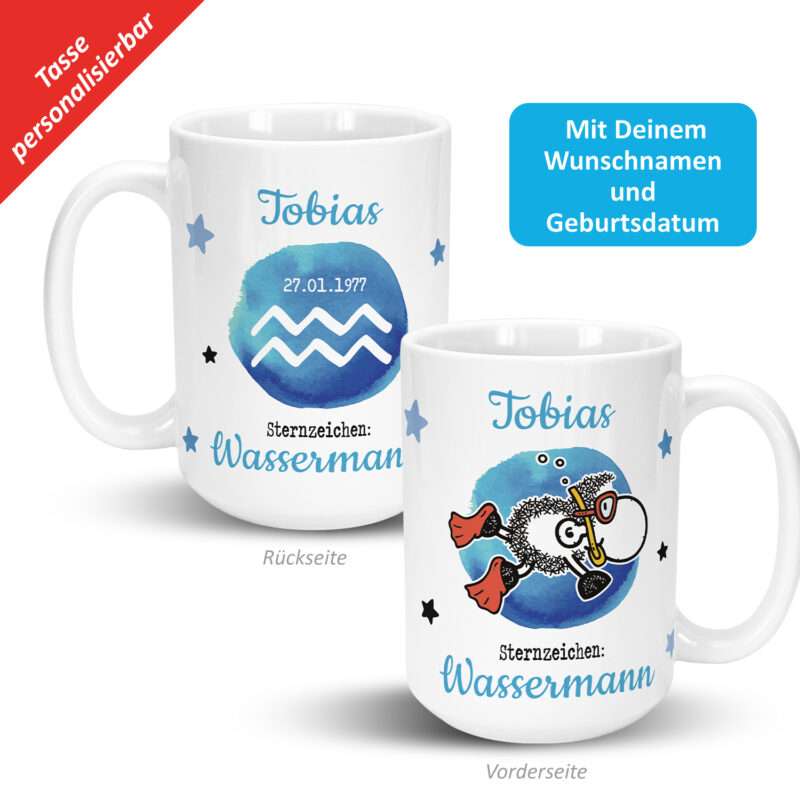 XL-Tasse mit Sternzeichen »Wassermann«, mit Namen und Geburtsdatum, weiß, personalisiert