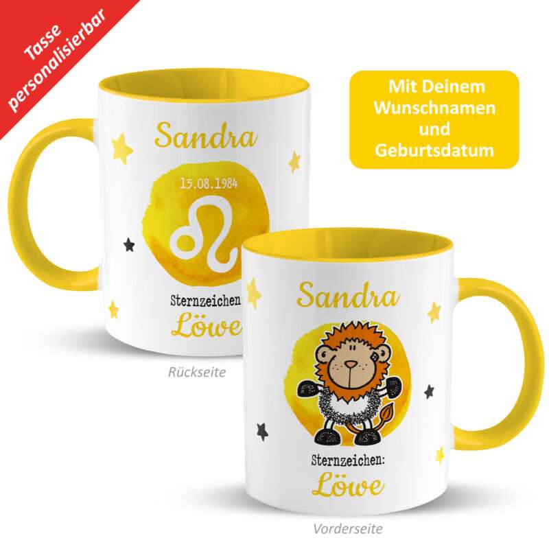 Tasse mit Sternzeichen »Löwe«, mit Namen und Geburtsdatum, gelb, personalisiert