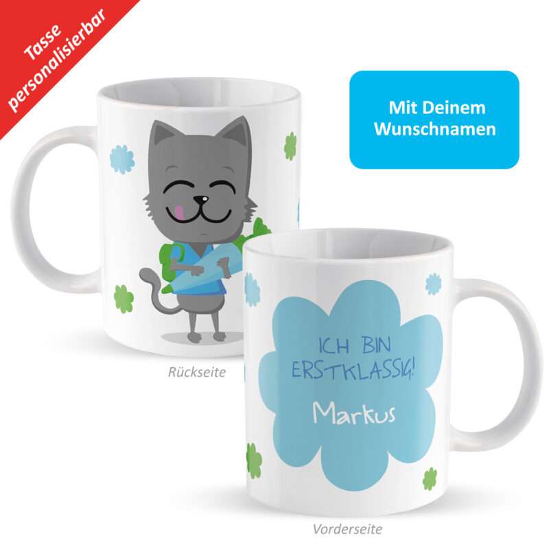 Tasse zum Schulanfang »Ich bin erstklassig! ...« mit Wunschnamen, weiß, personalisiert