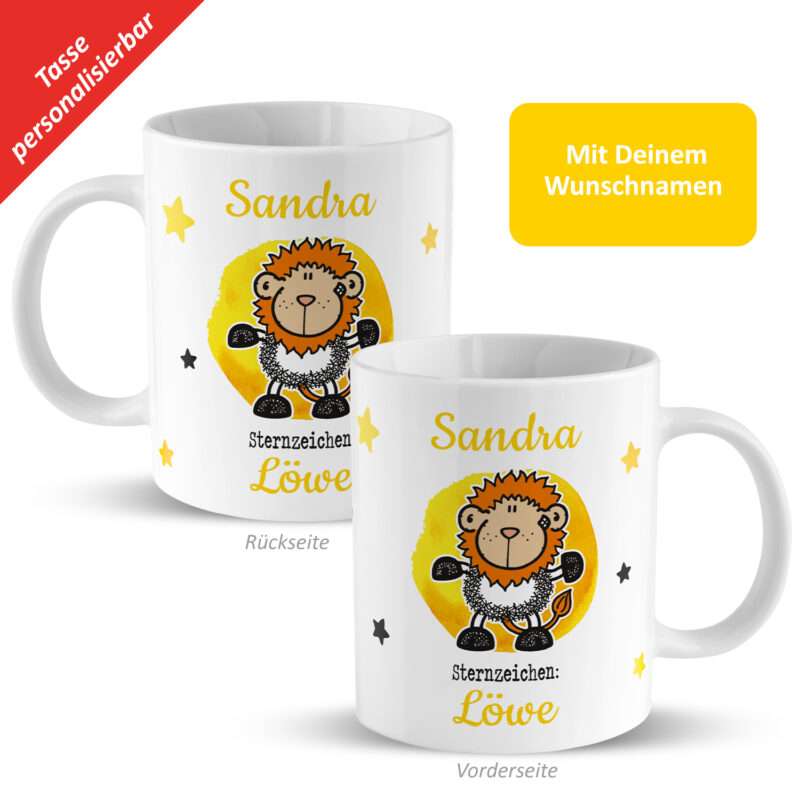 Tasse mit Sternzeichen »Löwe«, mit Namen, weiß, personalisiert