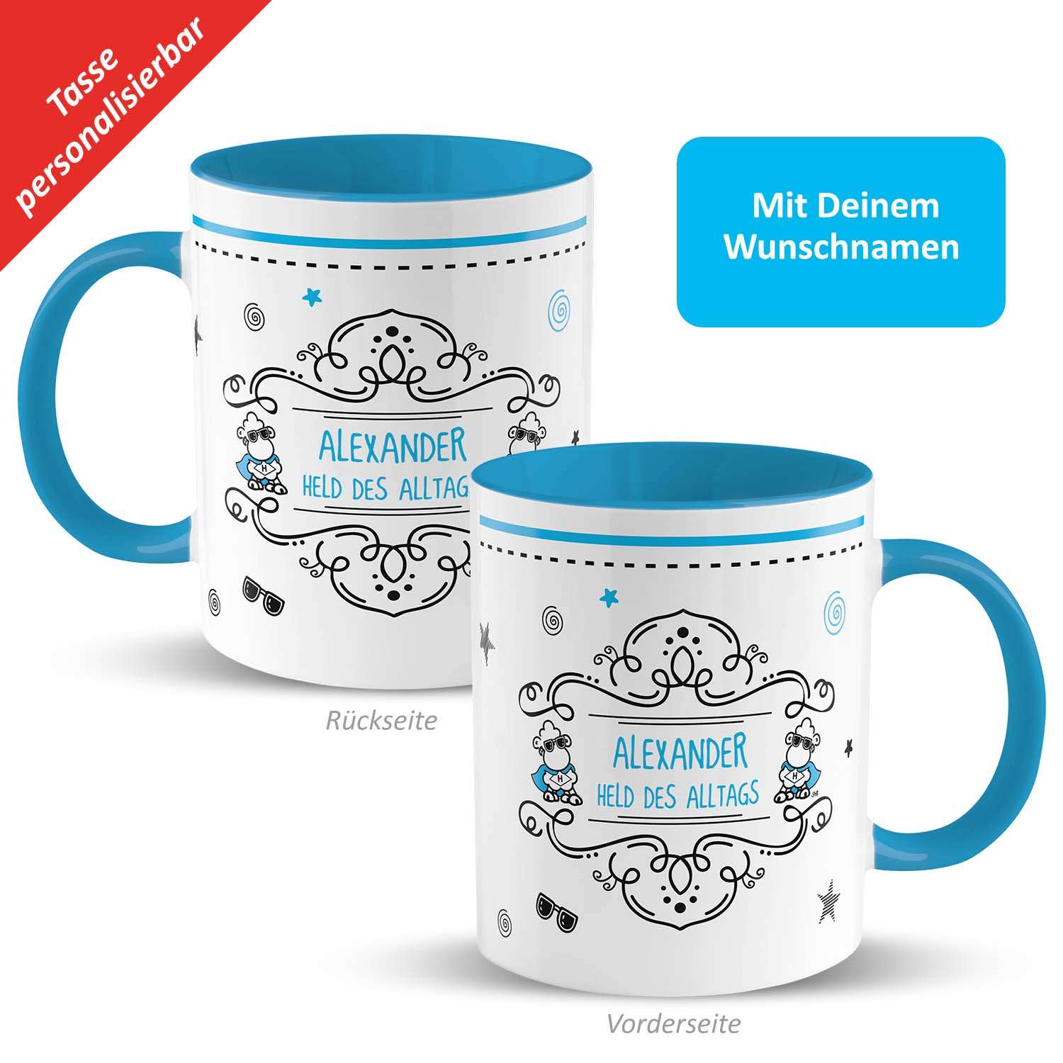 Tasse »Held des Alltags …!« mit Wunschnamen, blau, personalisiert