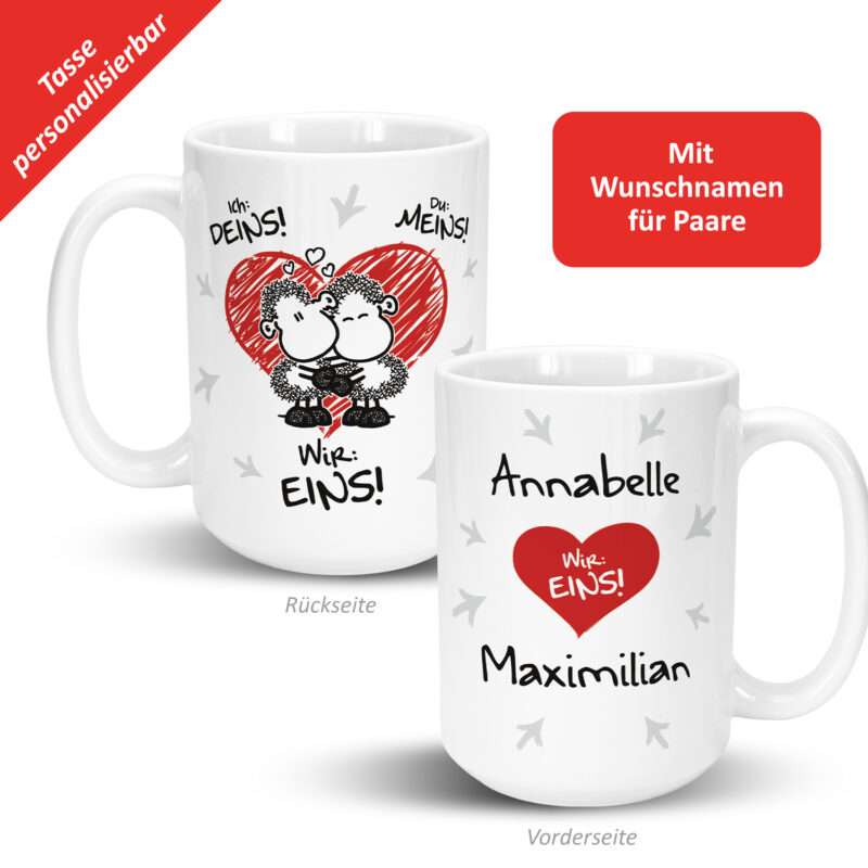 XL-Tasse für Paare »Ich: Deins! Du: Meins! Wir: EINS!« mit Namen des Paares, weiß, personalisiert