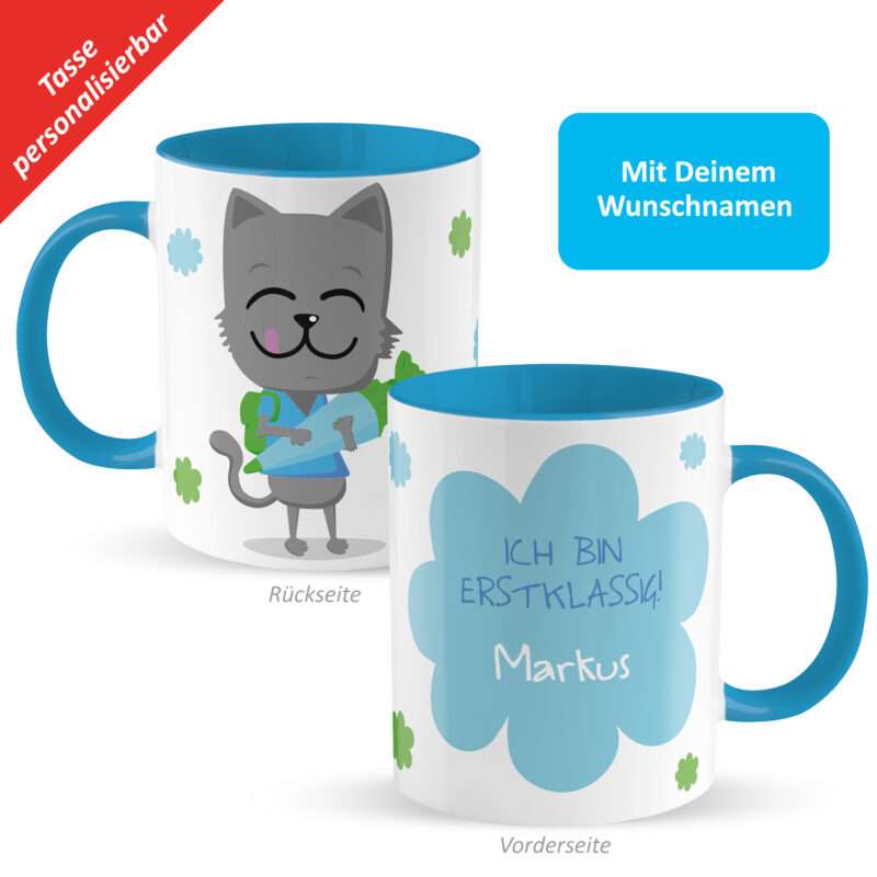 Tasse zum Schulanfang »Ich bin erstklassig! ...« mit Wunschnamen, blau, personalisiert