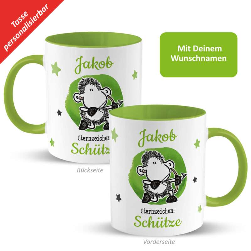 Tasse mit Sternzeichen »Schütze«, mit Namen, grün, personalisiert