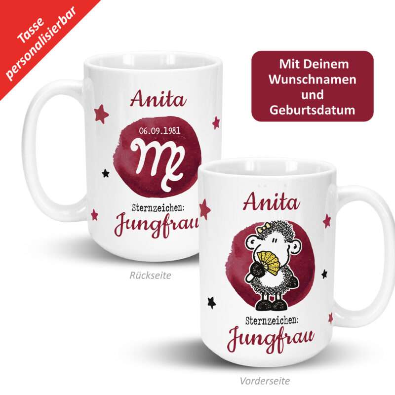 XL-Tasse mit Sternzeichen »Jungfrau«, mit Namen und Geburtsdatum, weiß, personalisiert