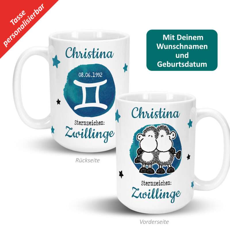 XL-Tasse mit Sternzeichen »Zwillinge«, mit Namen und Geburtsdatum, weiß, personalisiert