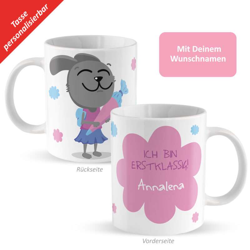 Tasse zum Schulanfang »Ich bin erstklassig! ...« mit Wunschnamen, weiß, personalisiert