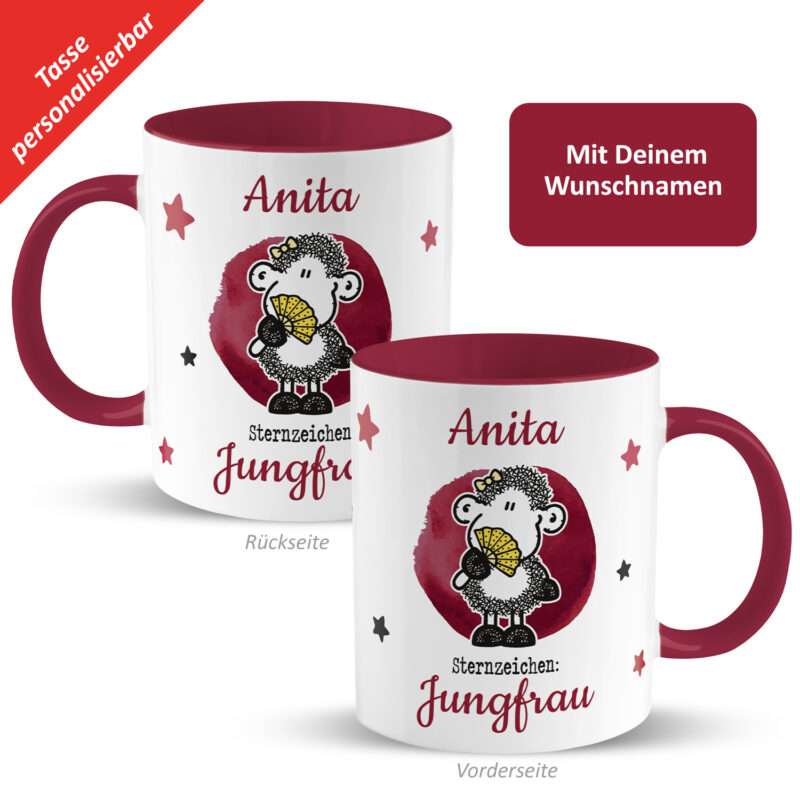 Tasse mit Sternzeichen »Jungfrau«, mit Namen, bordeaux, personalisiert