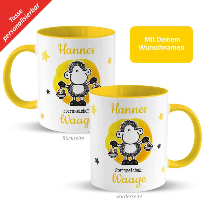 Tasse mit Sternzeichen »Waage«, mit Namen, gelb, personalisiert