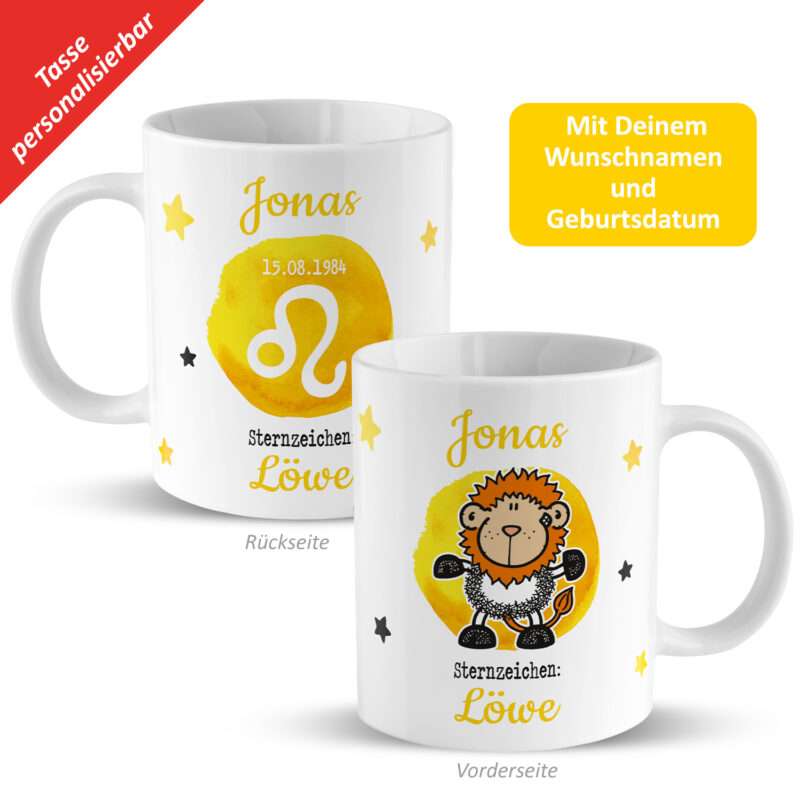 Tasse mit Sternzeichen »Löwe«, mit Namen und Geburtsdatum, weiß, personalisiert
