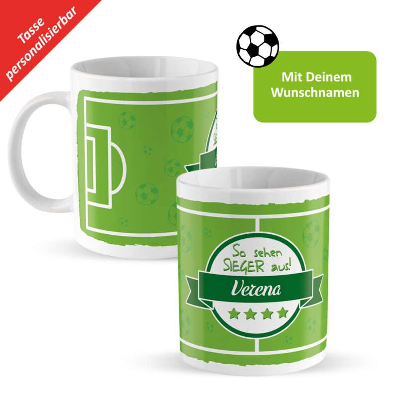Fußball-Tasse »So sehen Sieger aus!« mit Wunschnamen, Fußballfeld, weiß, personalisiert
