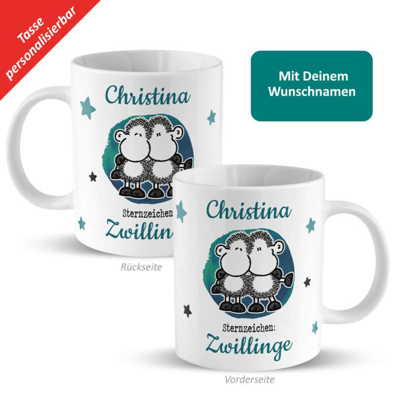 Tasse mit Sternzeichen »Zwillinge«, mit Namen, weiß, personalisiert