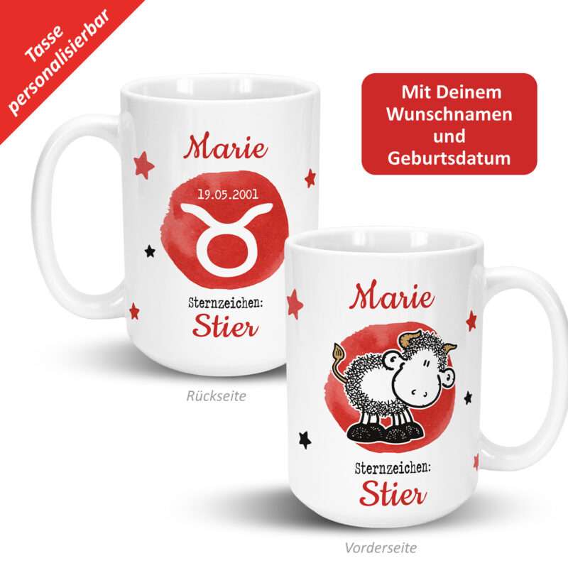 XL-Tasse mit Sternzeichen »Stier«, mit Namen und Geburtsdatum, weiß, personalisiert