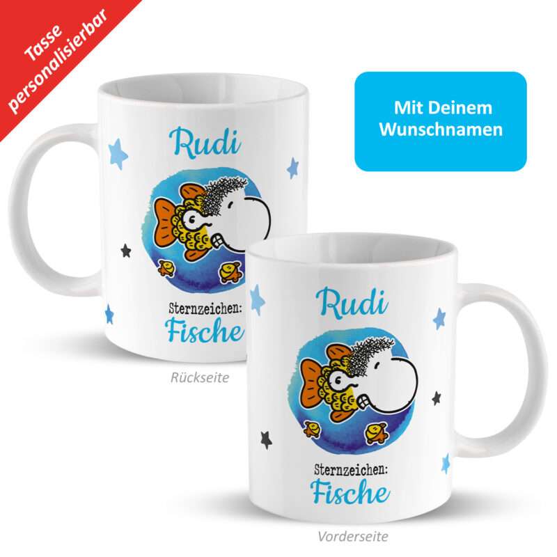Tasse mit Sternzeichen »Fische«, mit Namen, weiß, personalisiert
