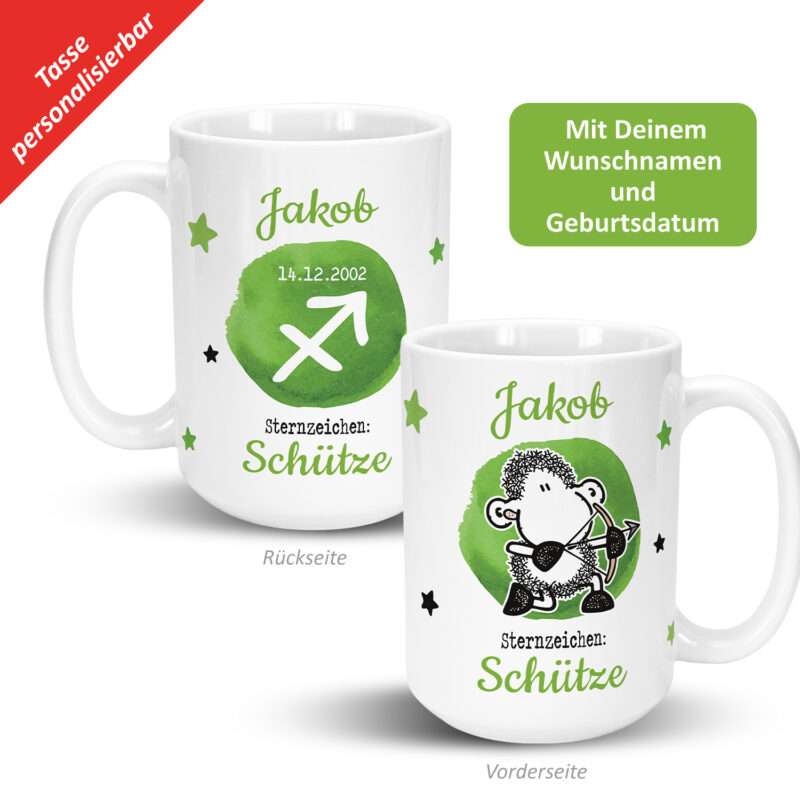 XL-Tasse mit Sternzeichen »Schütze«, mit Namen und Geburtsdatum, weiß, personalisiert