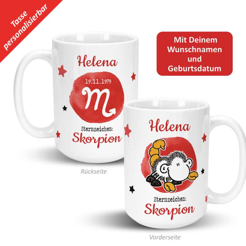 XL-Tasse mit Sternzeichen »Skorpion«, mit Namen und Geburtsdatum, weiß, personalisiert