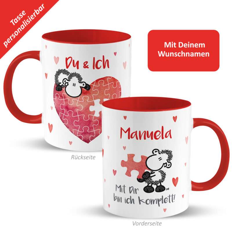 Tasse für Verliebte »Mit Dir bin ich komplett!« mit Wunschnamen, rot, personalisiert