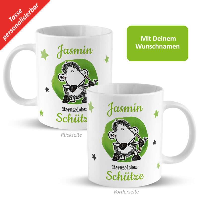 Tasse mit Sternzeichen »Schütze«, mit Namen, weiß, personalisiert