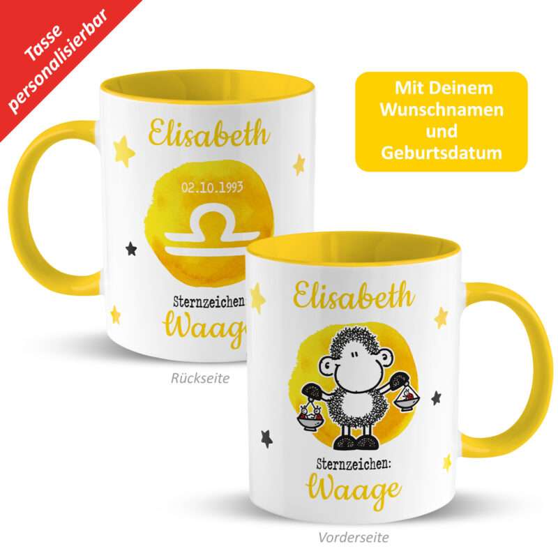 Tasse mit Sternzeichen »Waage«, mit Namen und Geburtsdatum, gelb, personalisiert