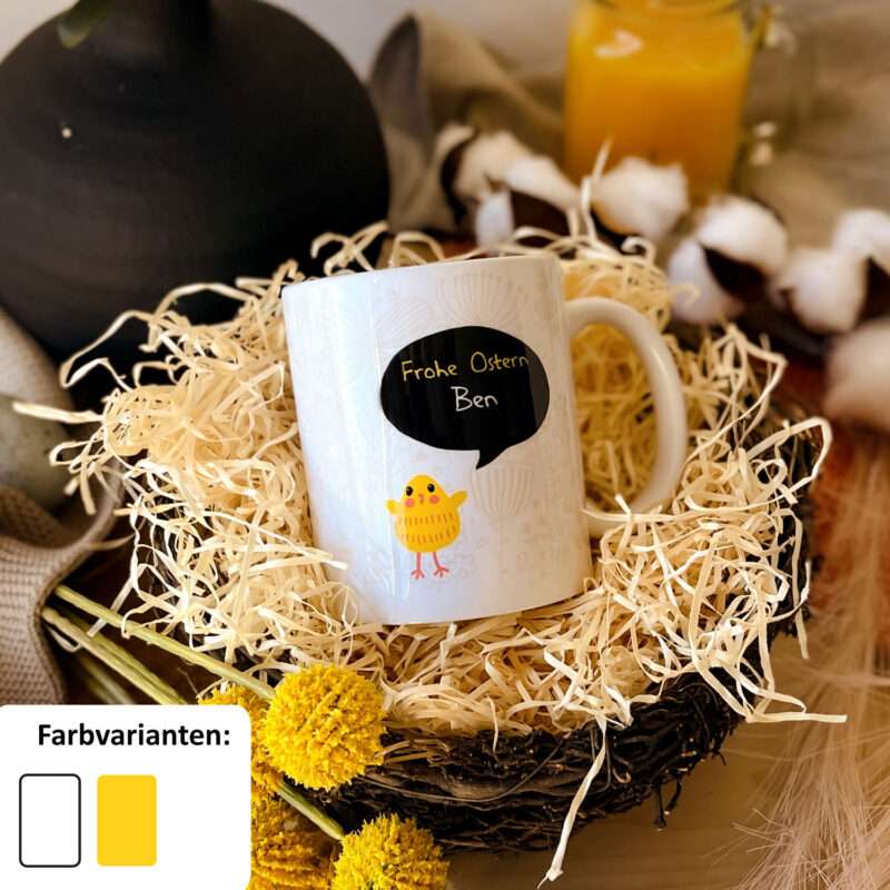 Tasse für Ostern »Frohe Ostern ...« mit Wunschnamen, weiß, personalisierbar