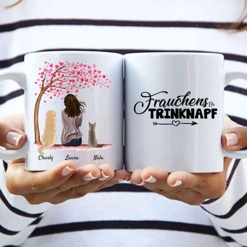 Frau mit Hund und Katze - Personalisierte Tasse