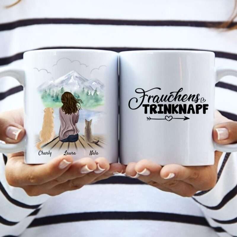 Frau mit Hund und Katze (bis zu 4 Haustiere)- Personalisierte Tasse