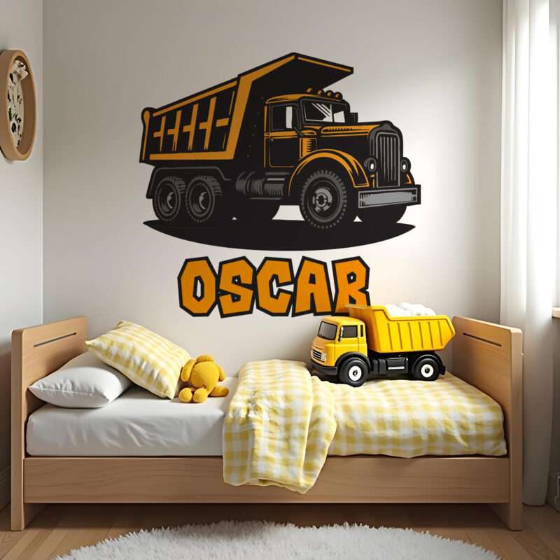 Wandtattoo Kinderzimmer personalisierter orangefarbener bau-lkw