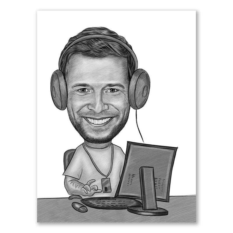 Karikatur vom Foto - Gamer am Computer Zeichnung mit rot (ca182pen)