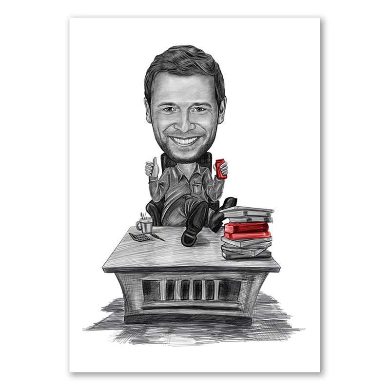 Karikatur vom Foto - Im B�ro Zeichnung mit rot (ca6381pen-red)