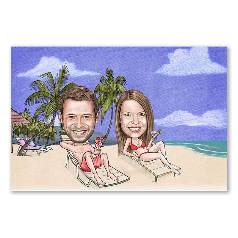 Karikatur vom Foto - Am Strand mit Cocktail Zeichnung mit rot (ca102couple-pen-color)