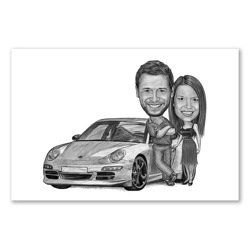 Karikatur vom Foto - Mein Auto (andere Automarken mgl.) Paar Zeichnung (ca392couple-pen)