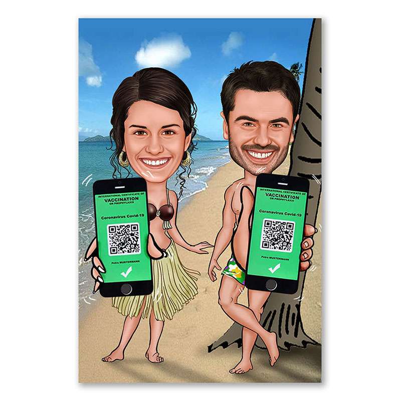 Karikatur vom Foto - Urlaub am Strand mit digitalem Impfpass (ca988)