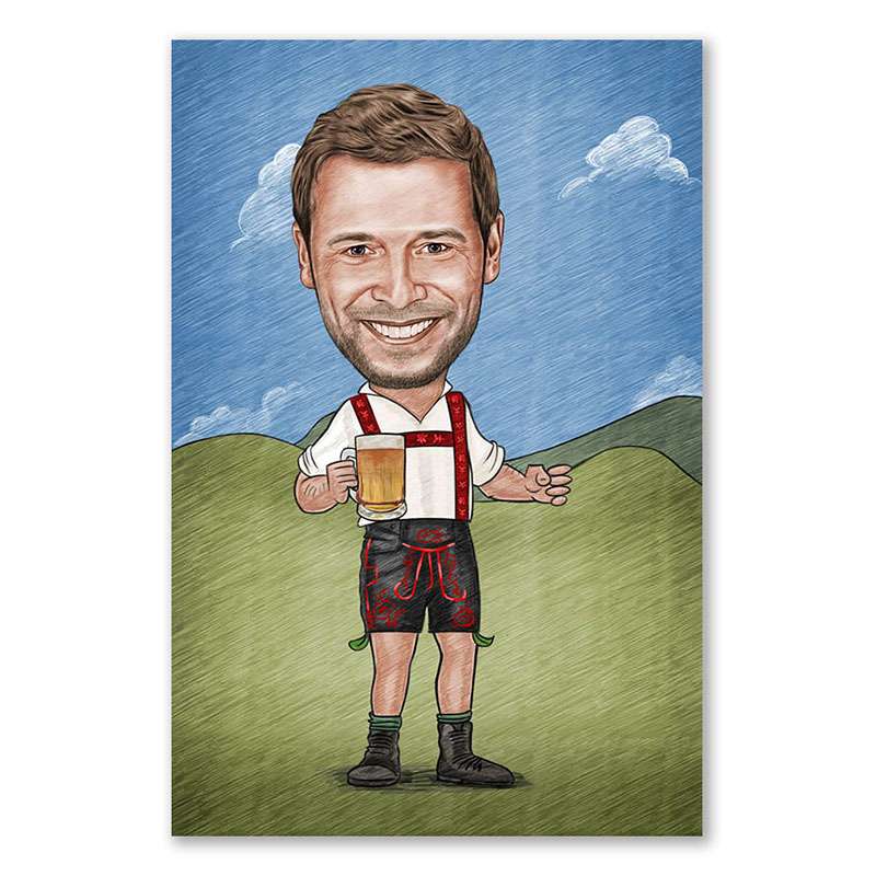 Karikatur vom Foto - Wiesn Mann Zeichnung mit rot (ca254man-pen-color)