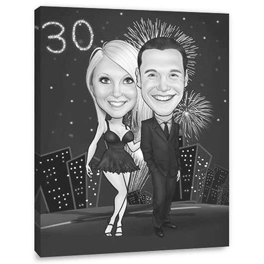 Karikatur vom Foto - Geburtstag Feuerwerk Paar sw (ca304couplesw)